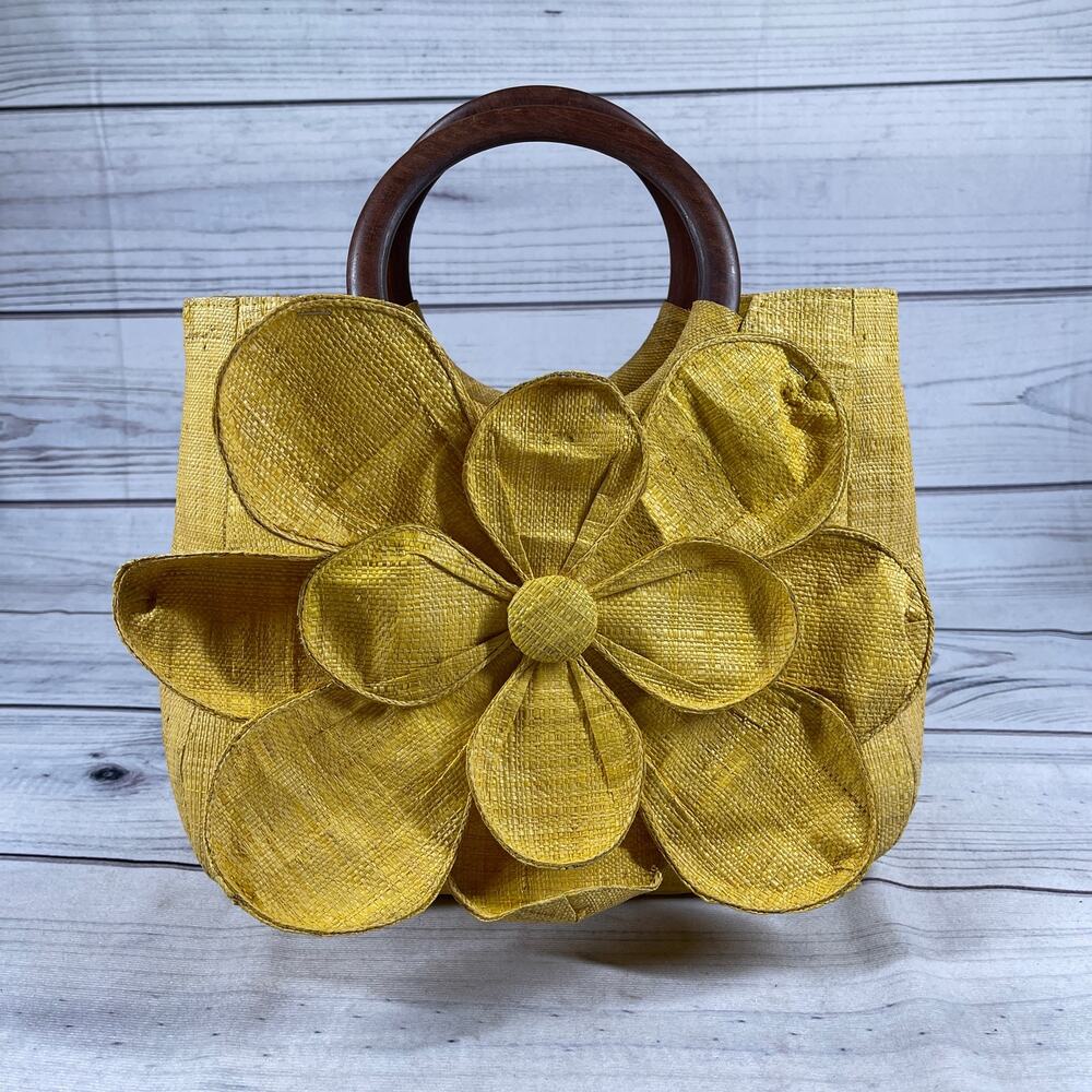 Mar Y Sol Rafia Straw Floral Yellow Hand Satchel Bag